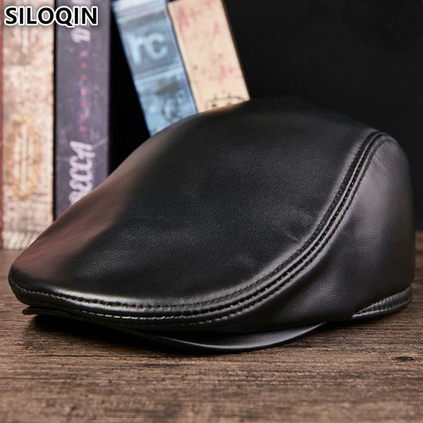 

siloqin new genuine leather hat sheepskin warm berets for men and women simple brands leather cap autumn winter flat caps unisex, Blue;gray