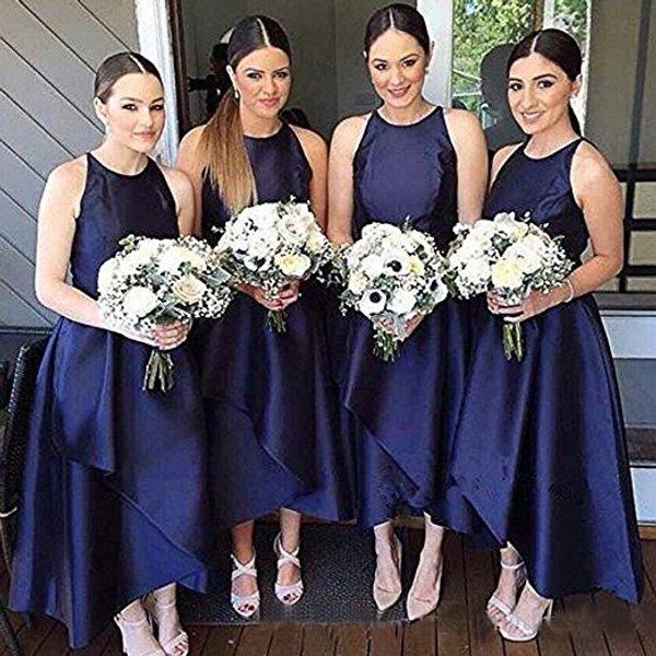 

Modest Navy Blue Bridesmaid Dresses Sleeveless Satin High Low Maid Of Honor Dress Evening Party Gowns Formal Prom Dress