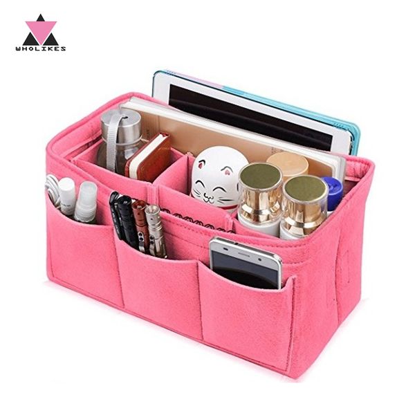 

wholikes portable storage makeup multi-functional organizer insert handbag travel felt bag cloth insert handbag organizer cosmetic bags jfio, Red;black