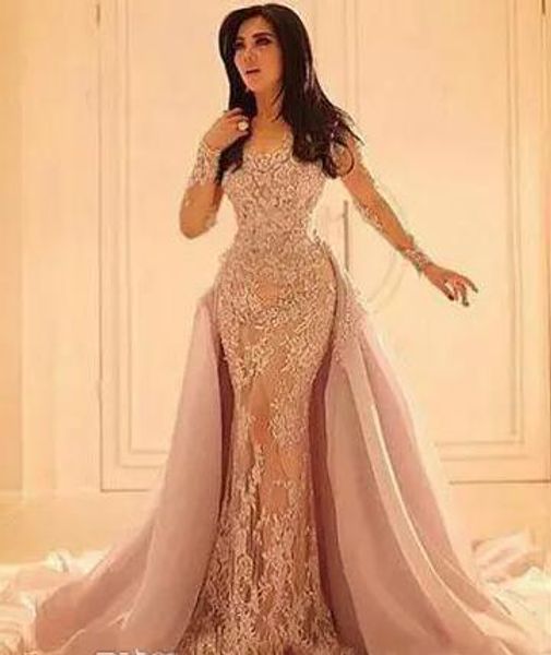 

2018 formal arabic evening dresses overskirts long sleeves lace appliques prom dress with detachable train arabic party dresses, Black;red