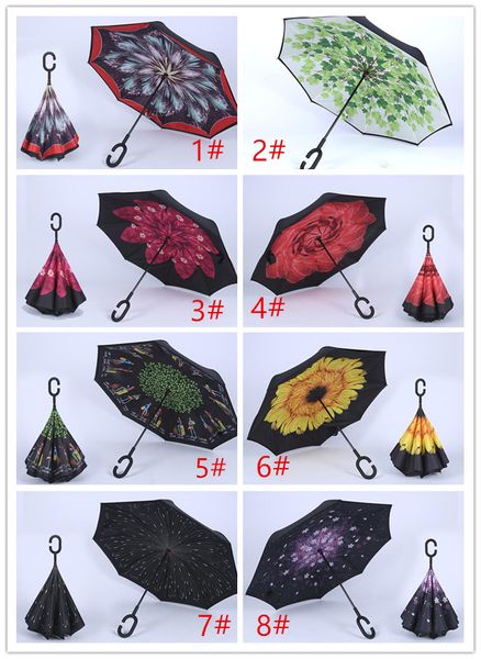 

2018 creative inverted umbrellas double layer with c handle inside out covering cloth windproof umbrella 19 styles as pic