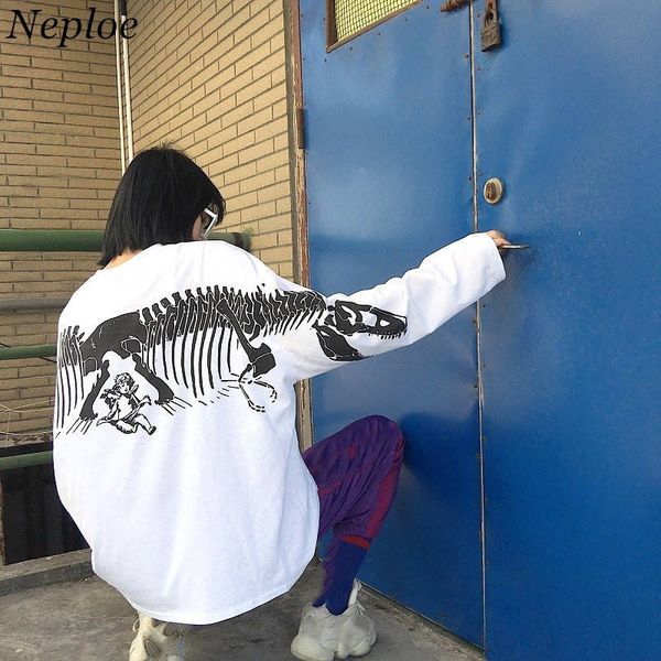 

neploe 2018 autumn new t shirts dinosaur printed tee long sleeve causal t-shirt women men o-neck clothes 36469, White