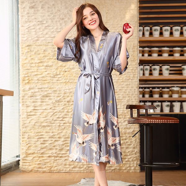 

new grey satin chinese style women robe charming female sleepwear summer long nightgown vintage home wear elegant kimono, Black;red