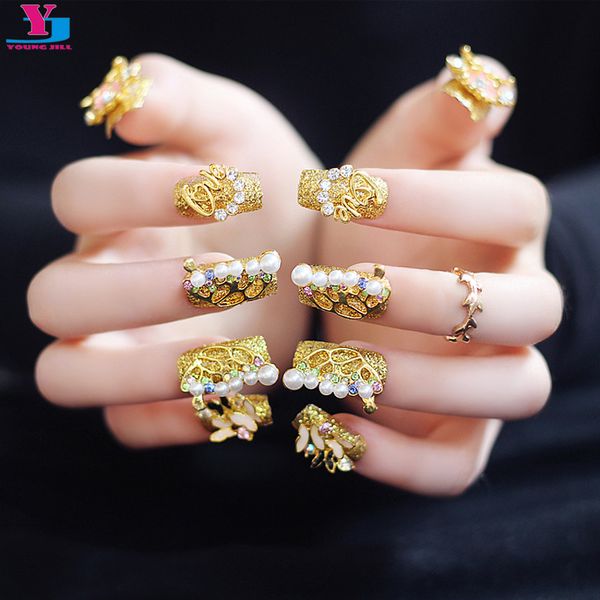 

3d luxury gold butterfly metallic fake false nails long beauty nep nagels artificial full cover strass unha nail art decorations, Red;gold