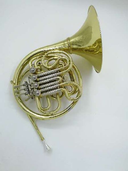 Zweireihiges Waldhorn mit 4 Tonarten von B bis F, Musikinstrument in Markenqualität, Goldlack, individuelles Logo, Waldhorn mit Koffer