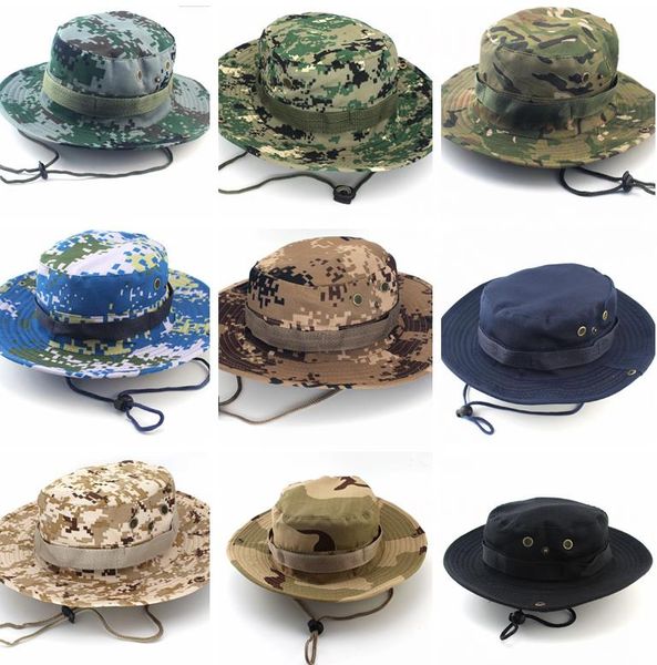 Nuovi uomini Camouflage stampa cappello a secchiello a tesa larga cappelli militari sottogola berretto da pesca berretti da caccia da campeggio protezione solare 26 colori