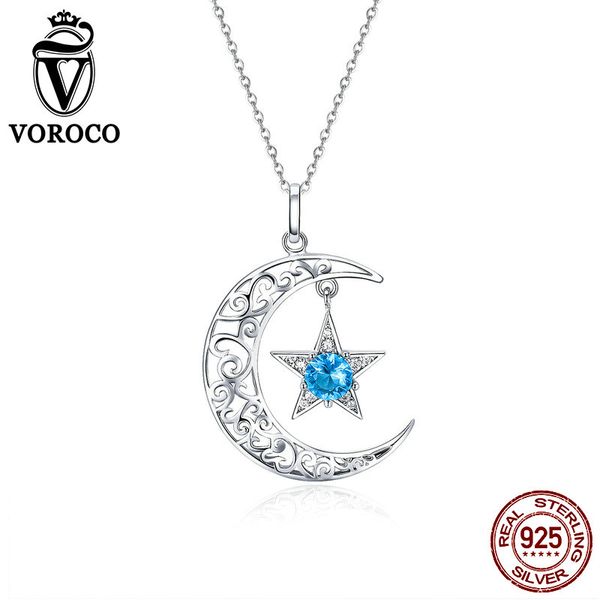 

voroco real 100% 925 sterling silver luxury moon star hollow pendant necklace for women blue zircon stone fine jewelry bkn278