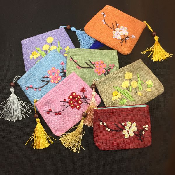 

hand ribbon embroidery small christmas burlap bags gift card pouch zipper coin purse party favors bunk fabric tassel chinese bag 50pcs/lot