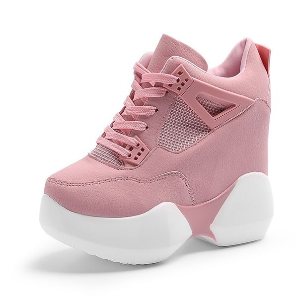 

women's high platform shoes 2017 breathable pu shoes women height increasi shoes 12 cm thick sole trainers ladies pink, Black