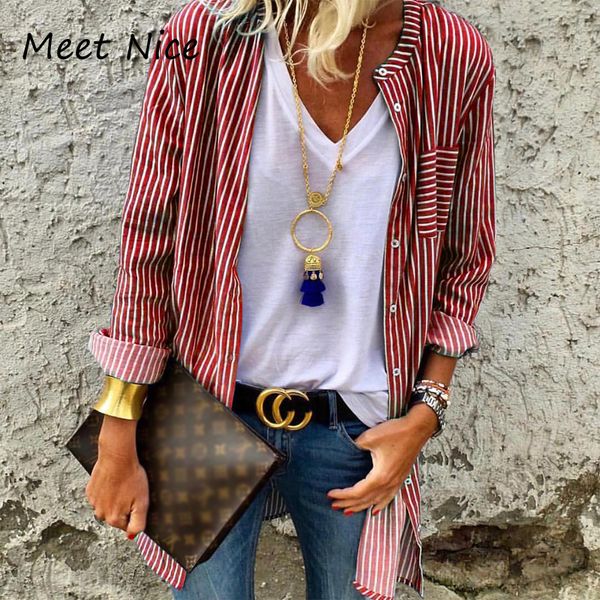 2020 Women Long Cardigan Blouses Fashion Button Striped Shirts