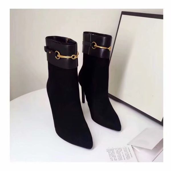 

orignal box] luxury new womens ankle metals half sheepskin high heel 10cm boot buckle strap knight motorcycle pointed toes boots size 35-40, Black