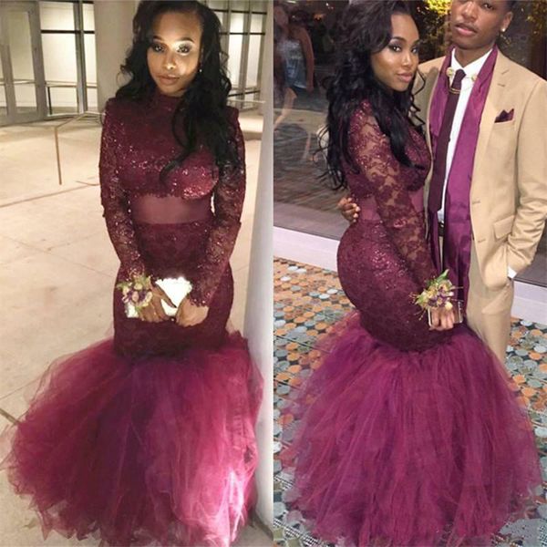 

2017 Burgundy Mermaid Prom Dresses Dubai Long Sleeves Illusion Bodice Evening Gowns Red Carpet Vestidos De Fiesta Celebrity Dresses