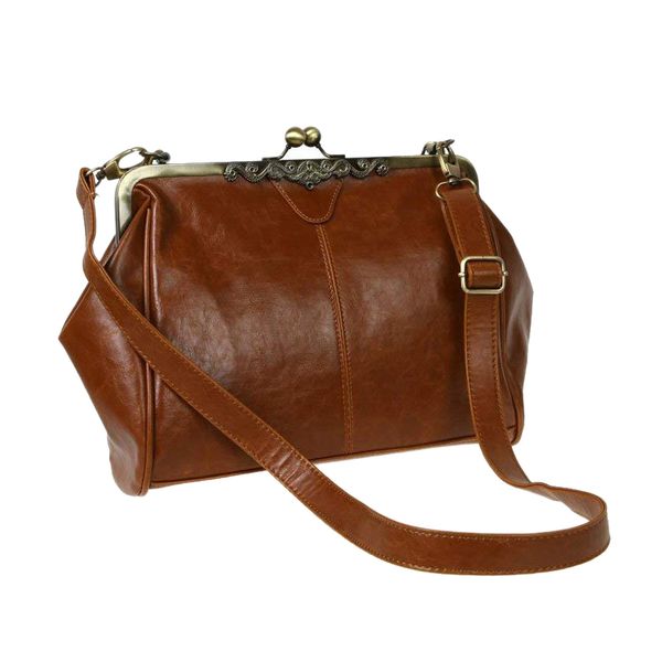 

retro vintage kiss lock imitation leather shoulder purse handbag totes bag satchel-dark brown