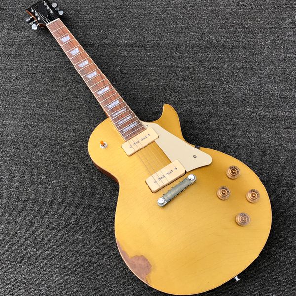 Пользовательский магазин выдержанный золотоильтный топ Relic Relic Gold Enetche Guitar One Pcs Sect Cream White P-90 пикапы винтажное хромированное аппаратное оборудование Trapzoid Pearl Inlay
