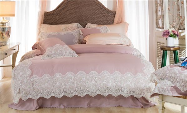 Pink Luxury Romantic White Lace Edge 100s Tencel Silk Princess Bedding Set Duvet Cover Bed Sheet Bed Linen Pillowcases 4 Duvet King Size Plaid Duvet