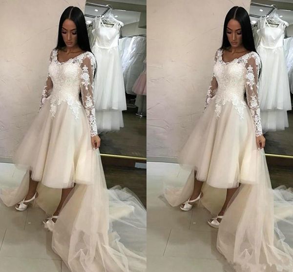 

2019 Design Champagne V Neck Short Wedding Dresses with Detachable Train Illusion Long Sleeves Tulle Lace Appliques Hi Lo Bridal Gowns, White