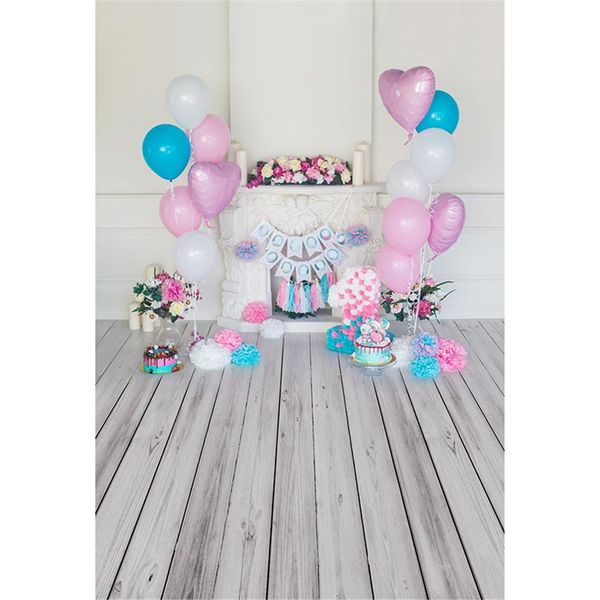 Parete bianca per interni Sfondo per il primo compleanno del bambino Pavimento in legno Palloncini blu rosa stampati Fiori Sfondo per cabine fotografiche per bambini