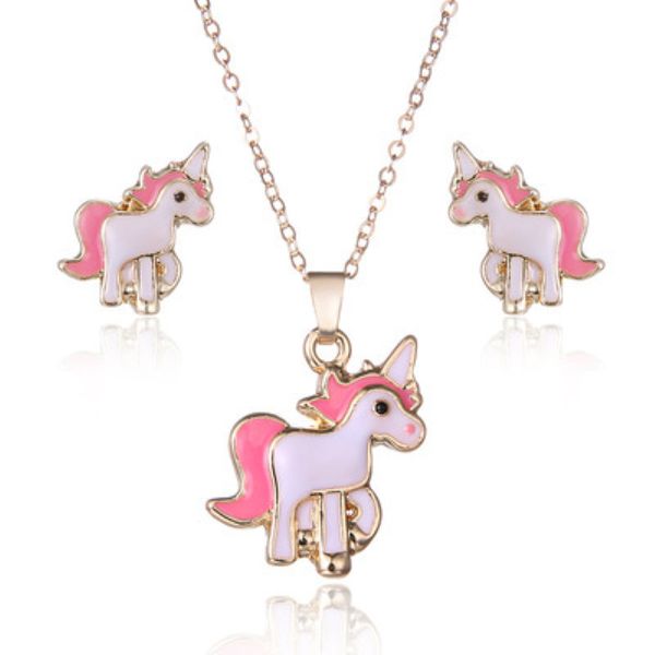 

pink animal jewelry set chain kids jewelry cartoon horse unicorn necklace earring unicorn jewellery sets for girls, Silver