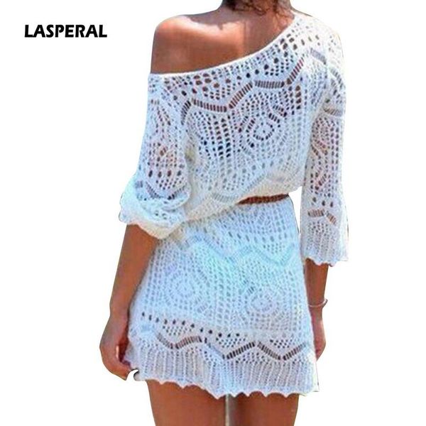 

lasperal new fashion 2018 summer hollow out white dress women o neck three quarter sleeve smock dress beach style vestidos, White;black