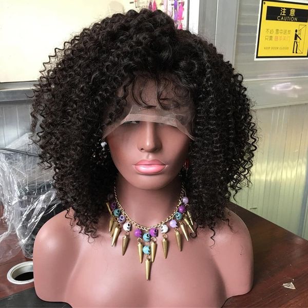 

Peruvian virgin human hair full lace wig afro kinky curly lace front wig with full bang gluele curly human hair wig