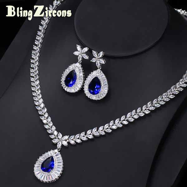 

whole saleblingzircons brand new big water drop royal blue zirconia stone earrings necklace bridal wedding jewelry sets for women js032, Slivery;golden