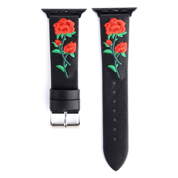 

genuine leather rose flower watch band 38/42mm floral embroided luxury strap wrist belt series 1 2 3, Black;brown