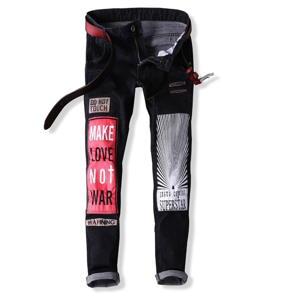 

2018 new men's jeans ripped letter patchwork black denim pants european style casual jeans trousers cool denim pants size 29-38, Blue