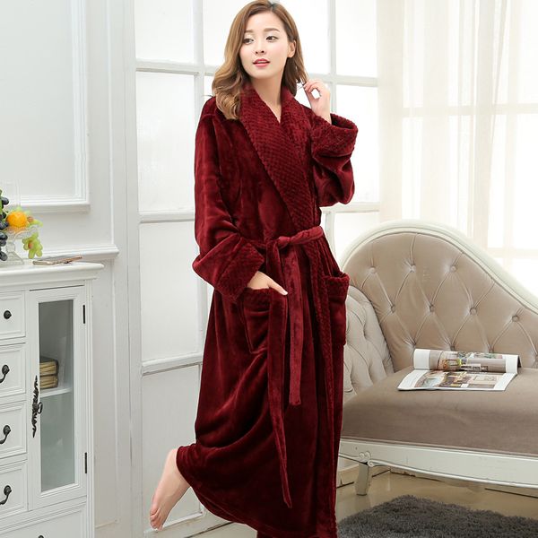 

women men flannel warm kimono bathrobe lovers winter thick long robe casual nightgown solid sleepwear home dressing gown, Black;red