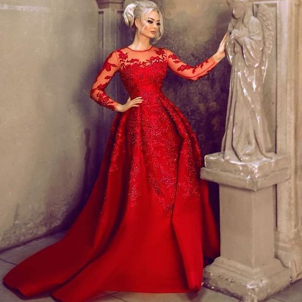 

2019 red long sleeve evening dresses sheer jewel neck lace appliques sweep train formal evening occasion dresses custom made, Black;red