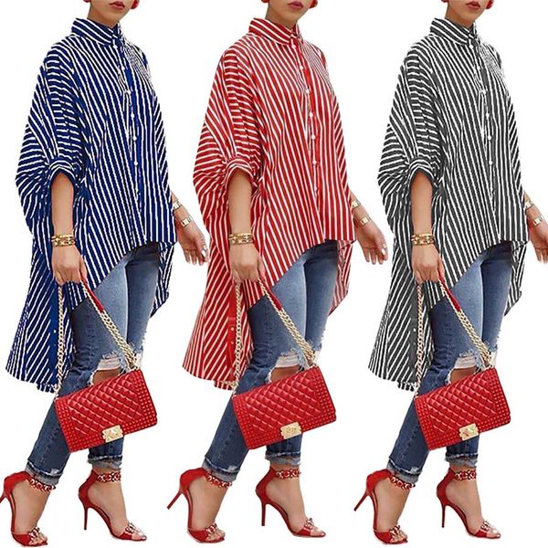 

Womens Casual Loose Striped Print Batwing Half Sleeve Asymmetrical Dip Hem Blouse Long Tops Shirt