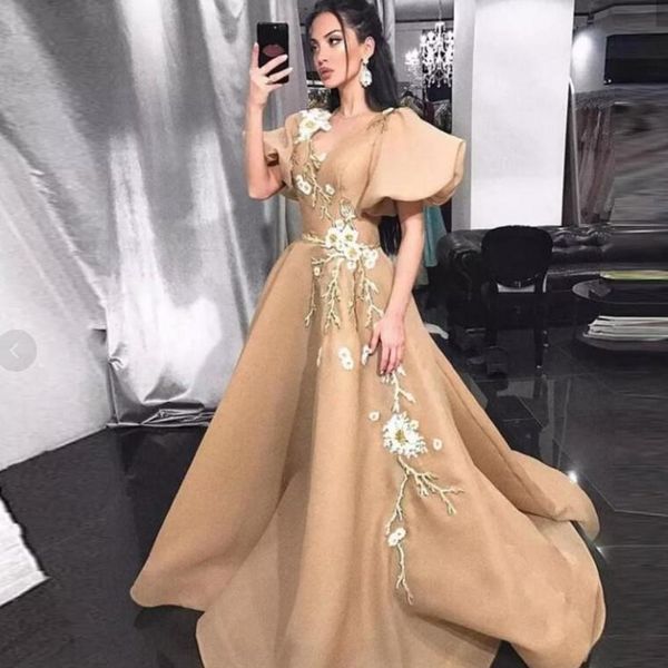 

dark champagne prom dresses saudi arabia poet short sleeves evening gowns with appliques v neck a line party dress women formal wear, Black