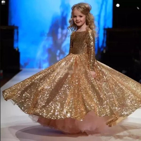 Sparkling Lantejoulas Girl Pageant Vestidos 2018 Gold Long Maneves Piso Comprimento Princesa Festa de Aniversário Meninas Vestidos BA6822