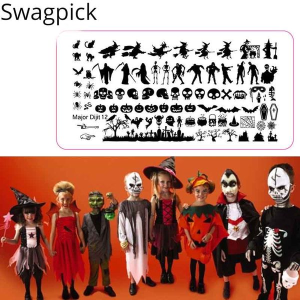 

swagpick 10 style punk halloween stamping nail art ghost castle plate rectangle manicure image plate tree bell cute, White