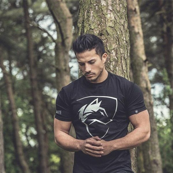 

mens cotton short t shirt 2018 summer new gyms fitness brand t-shirt crossfit men casual print slim o-neck tee clothing, White;black