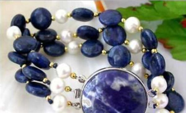 

gt;>>3row 12mm naturel blue coin lapis lazuli pearl bracelet, Golden;silver