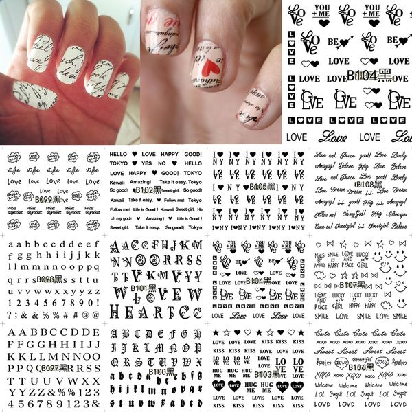 

12 sheets nail art water transfer sticker black english leer number love decals stickers wrap tips decoration b097-108