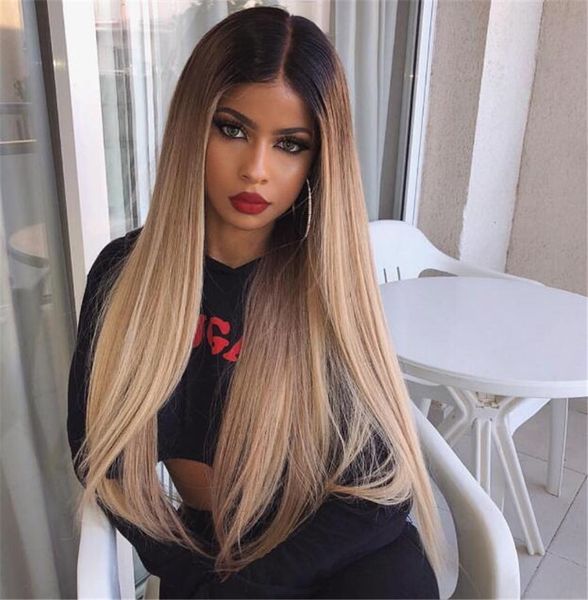 Silky Straight Ombre Lace Front Human Hair Wig Glueless Two Tone