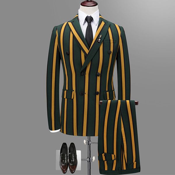 

slim fit mens suit double breasted 2018 skinny men prom stripe suits set fashion wedding costume homme luxe 3 piece suits set, White;black