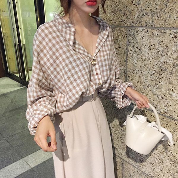 

women summer autumn plaid cotton v neck long sleeve blouse female plus size casual shirt haut femme kimono roupas, White