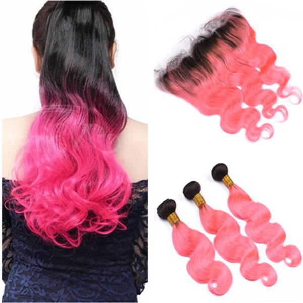 Dark Root 1b Pink Ombre Malaysian Human Hair Wefts Body Wave