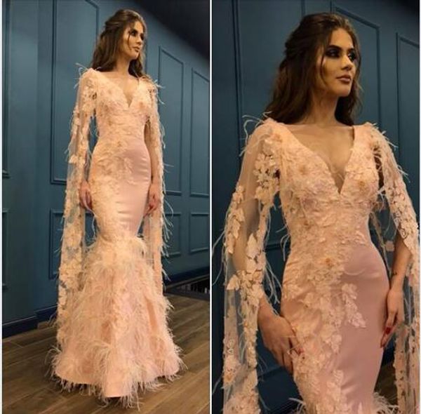 

mermaid pink long sleeve evening dresses sleeves picture 2019 feathers long v neck designer party prom dresses, Black;red