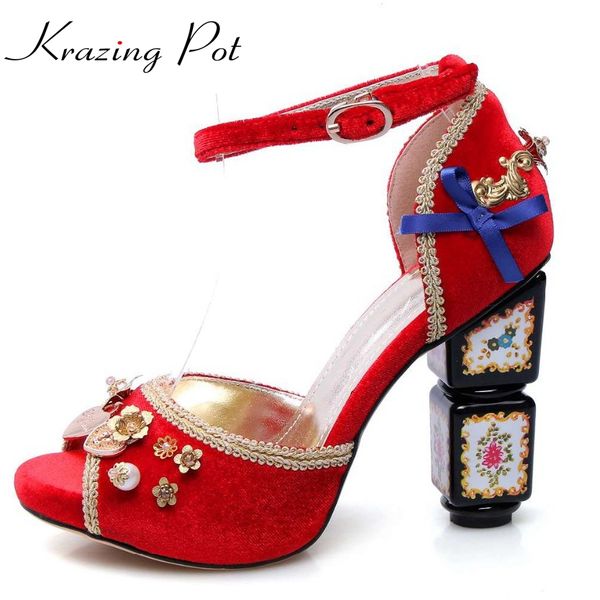 

2017 krazing pot luxury bowtie flowers matal fasteners pearl ankle straps peep toe women sandals pattern high heels shoes l27, Black