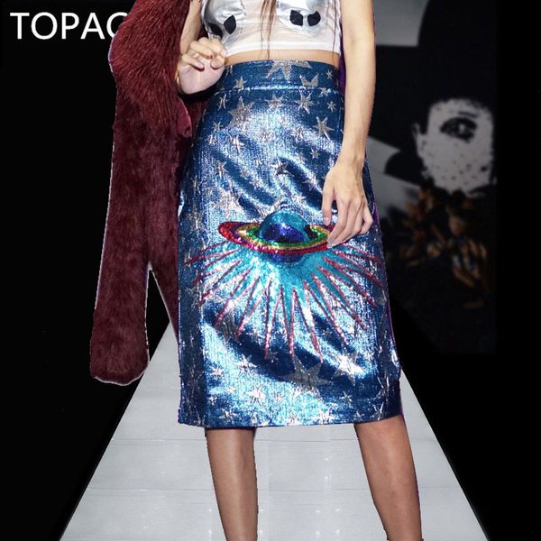 

ss2018 spring women runway shimmering rainbow sequin-embellished planet saturn star stunning blue metallic jacquard midi skirt, Black