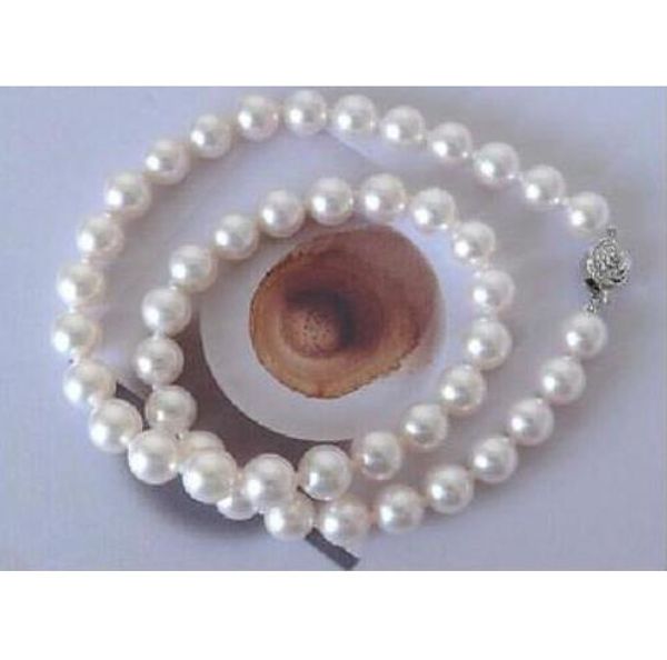 

classic 9-10mm south sea white natural round pearl necklace 18" flowers clasp, Silver