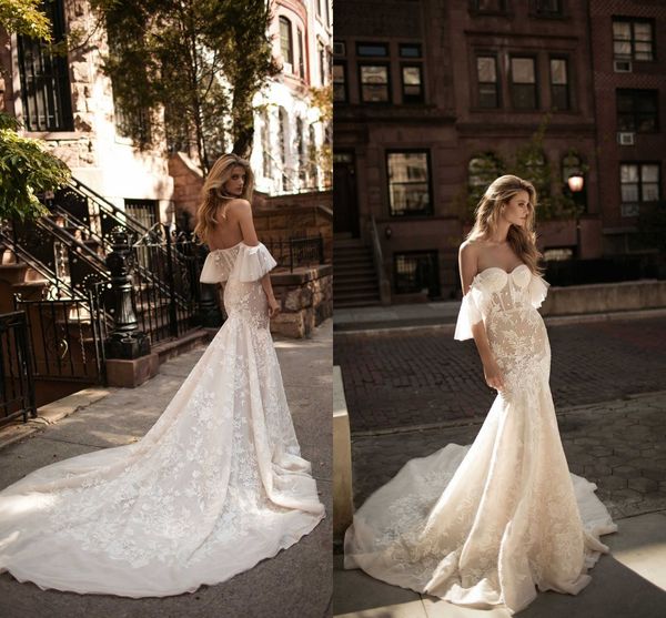 

berta mermaid wedding dresses off shoulder short sleeves lace appliques court train bridal gowns wedding gowns, White
