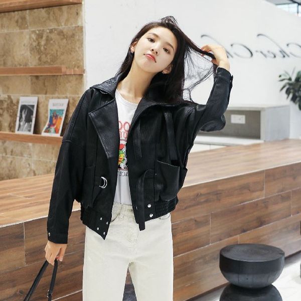 

time clothing woman short fund autumn 2018 white locomotive loose coat leather jacket women, Black