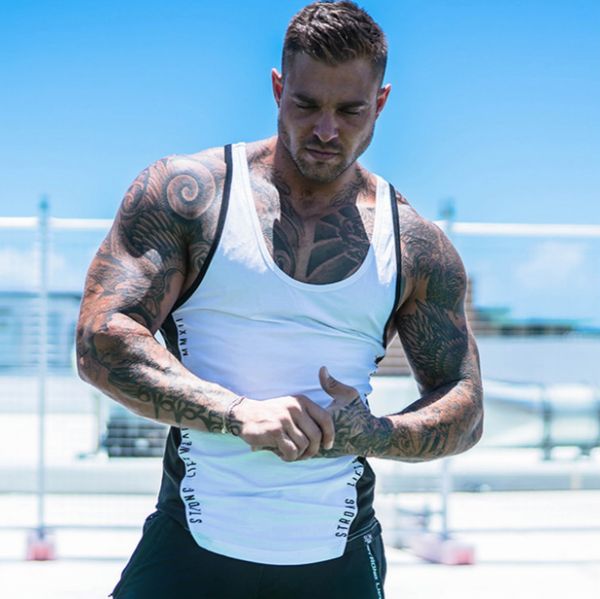 

men's bodybuilding vest fitness tight cotton sleeveless sweat-absorbent breathable strap t-shirt clothes shoulder men's casual ves, White;black