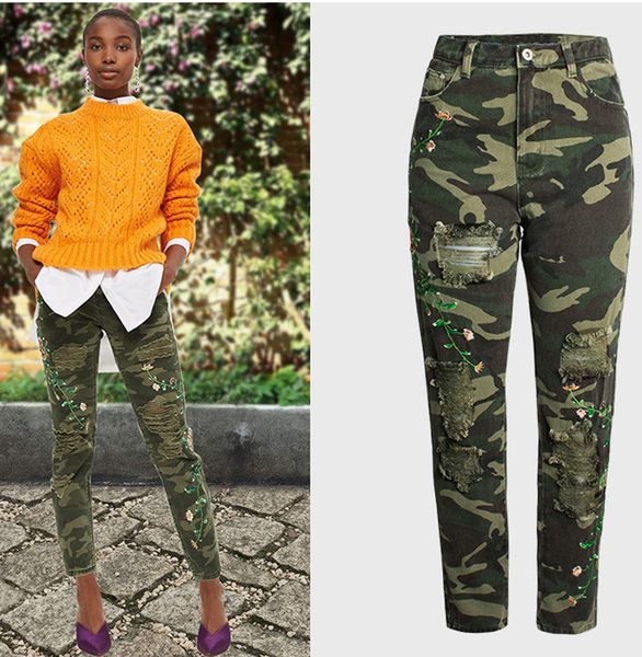 

2018 camouflage jeans woman flower embroidery plus size ripped jeans for women denim pants 3xl women femme streetwear, Blue
