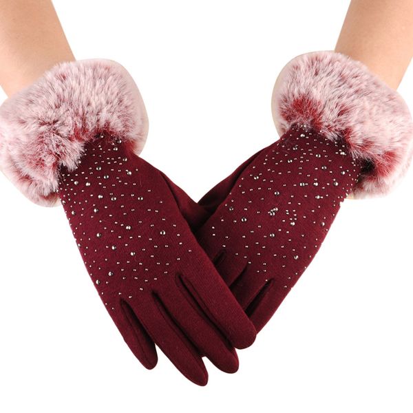 

elegant women rhinestone gloves winter thick fleece warm mittens knitted glove ladies outdoor touchscreen gloves guantes, Blue;gray