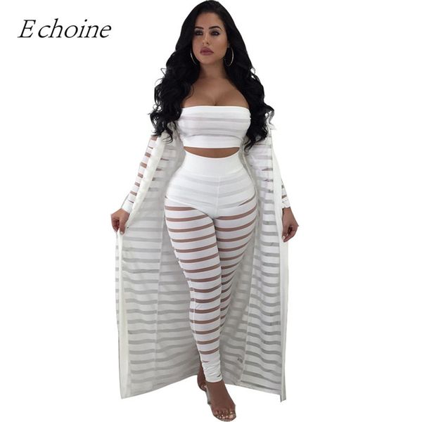 

2018 hollow out 3 pieces set womens strapless crop sheer stripe mesh pants long cardigan set plus size club outfits, Gray